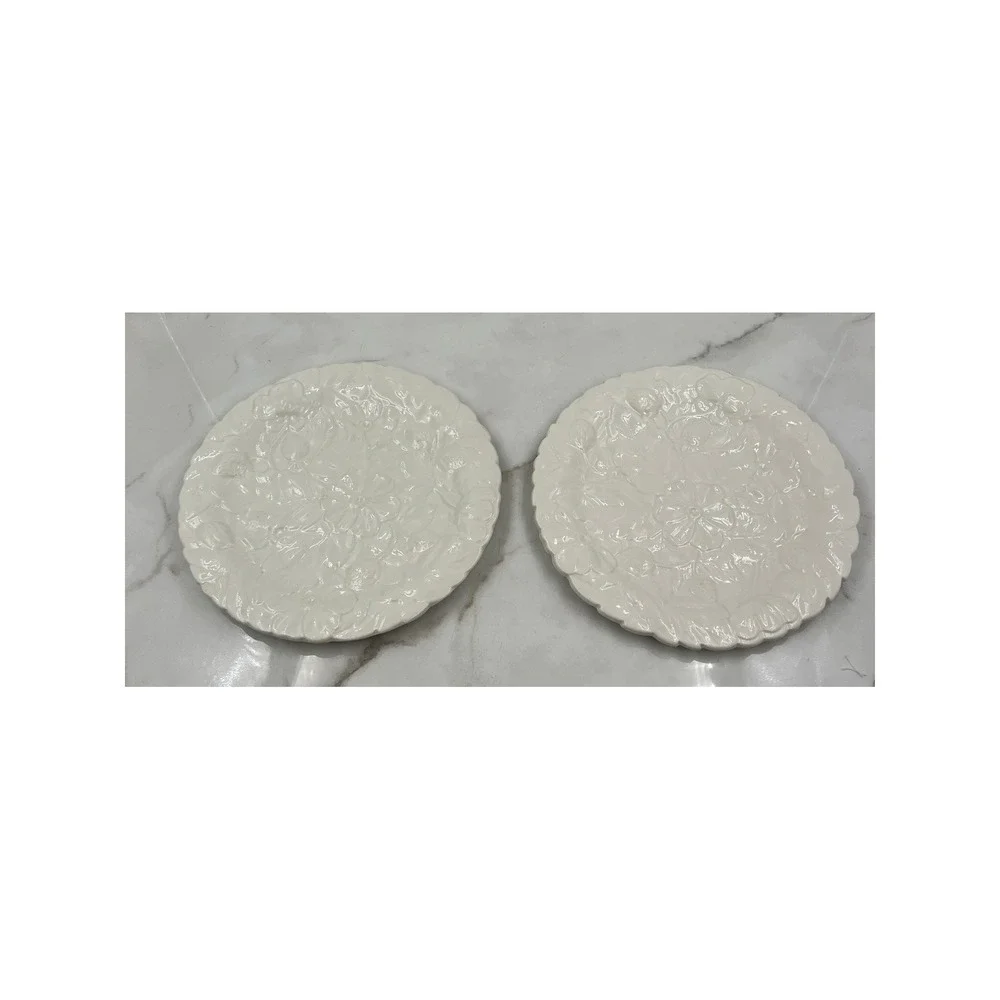 Vintage P-V France White Strawberry Floral Embossed Plates Set of 2 Scalloped 8